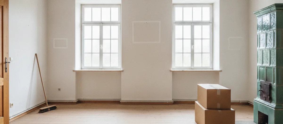 Leergeräumtes Wohnzimmer eines Landhauses mit gekehrtem Dielenboden, Kachelofen und einem letzten Stapel Umzugskartons.
