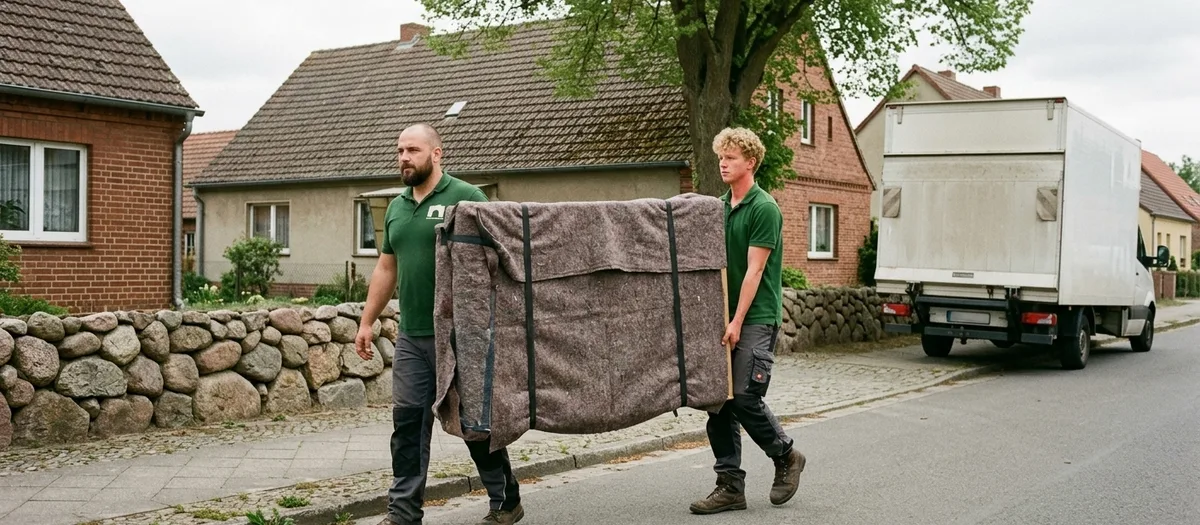 Zwei Umzugshelfer tragen die abgedeckten Teile eines zerlegten Schranks über eine Dorfstraße zum wartenden Möbelwagen