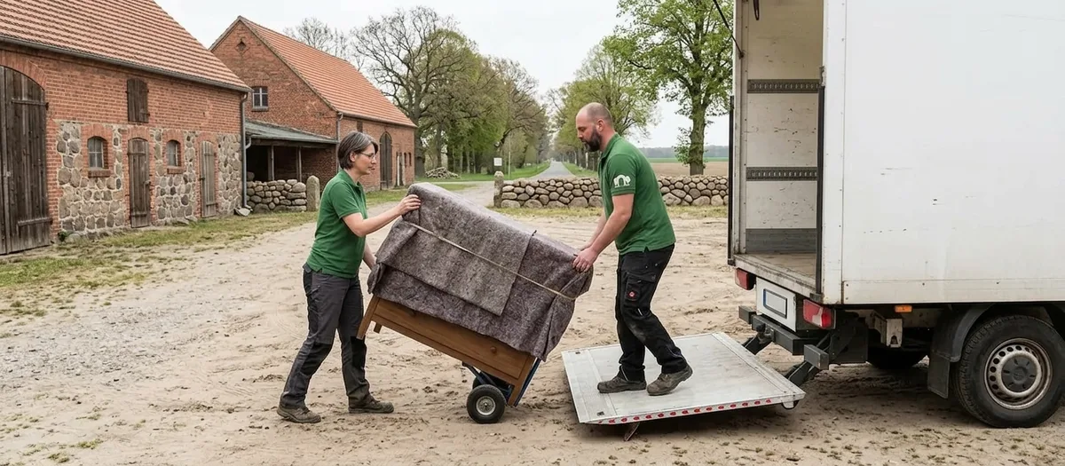 Ein in Decken gepacktes Sideboard wird auf einer Möbelkarre über den Hof zur abgesenkten Ladebühne geschoben.