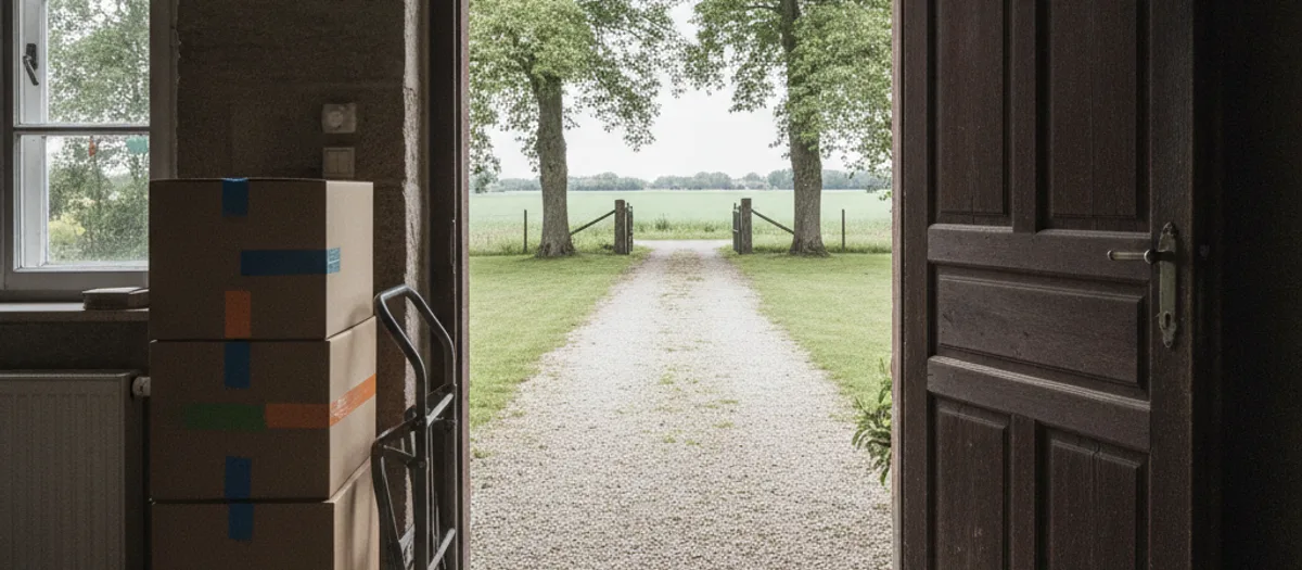 Mit Klebeband markierte Umzugskartons stehen gestapelt in einer Diele, durch die offene Tür führt ein Kiesweg über den Hof