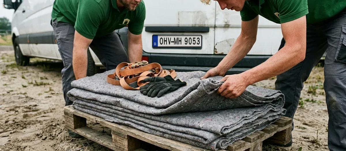 Stapel gefalteter Umzugsdecken, ein Bund Spanngurte und Arbeitshandschuhe auf einer Palette hinter dem Möbelwagen