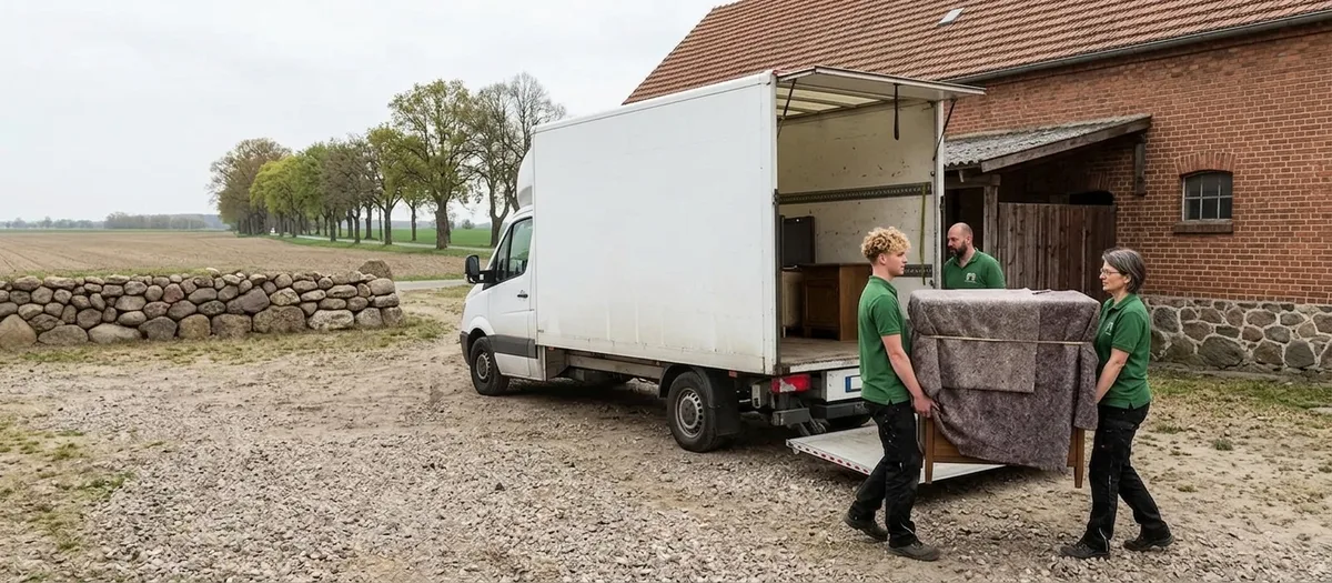 Zwei Umzugshelfer tragen eine abgedeckte Kommode über einen Hof zum geöffneten Möbelwagen, ein dritter wartet an der Ladebühne.