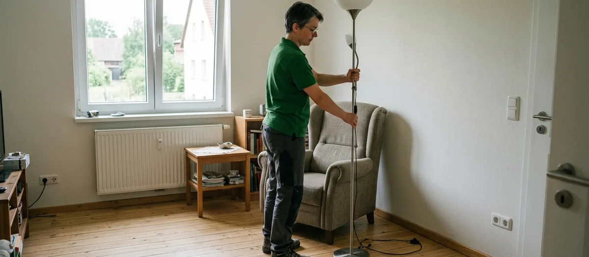 Eine Umzugshelferin stellt eine Stehlampe neben einen Sessel in einer hellen, frisch eingerichteten kleinen Wohnung.
