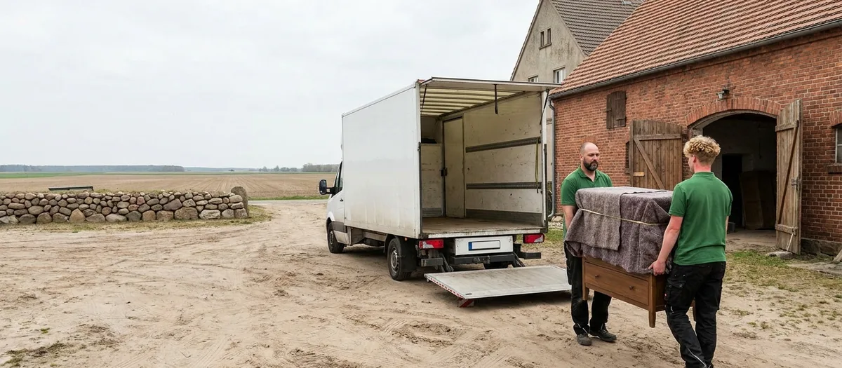 Möbelwagen mit abgesenkter Ladebühne auf einem Hof zwischen Backsteinscheune und Wohnhaus, zwei Umzugshelfer tragen eine abgedeckte Kommode zur Rampe