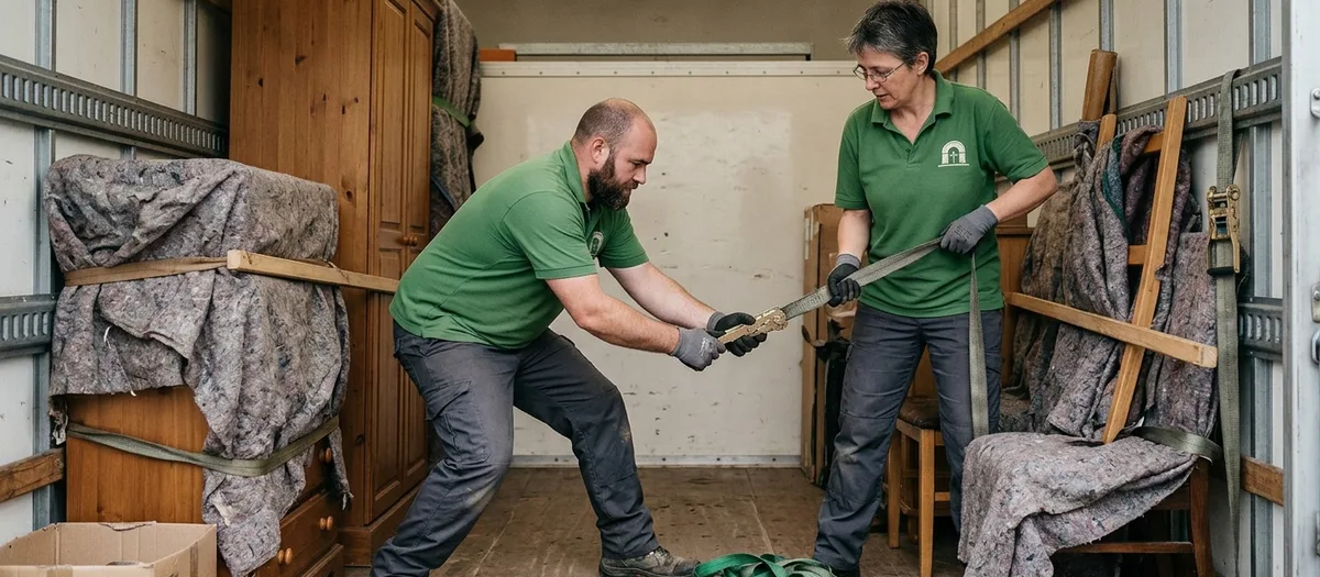 Umzugsteam beim Sichern der Ladung mit Gurten und Decken im Laderaum eines Möbelwagens
