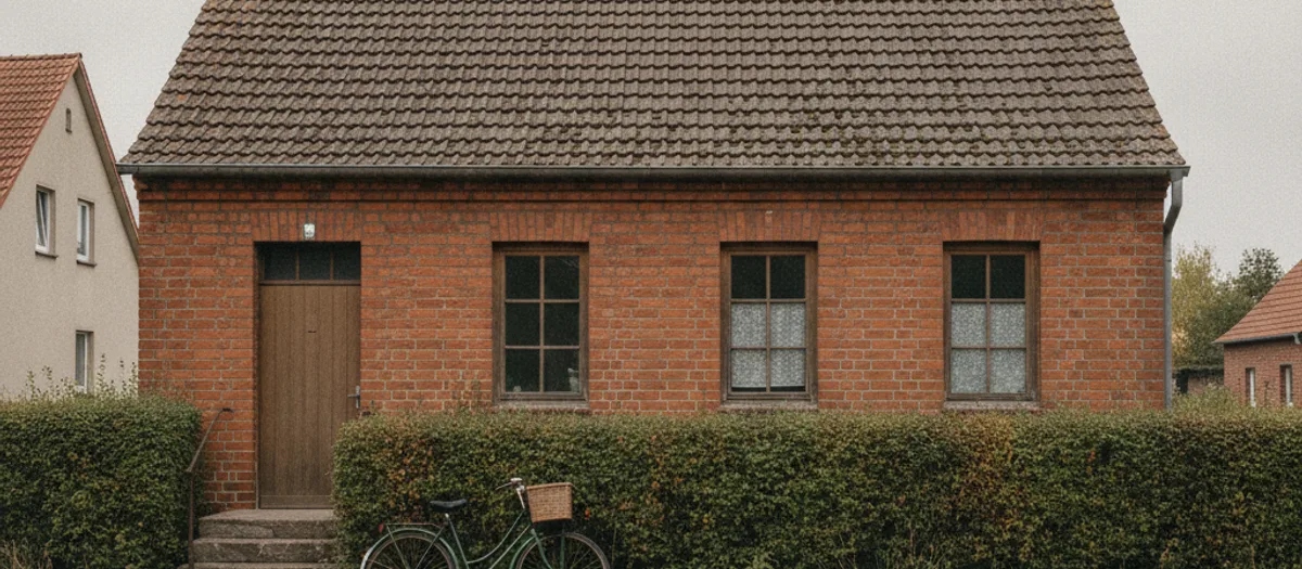 Kleines Backsteingebäude an einer Dorfstraße im Löwenberger Land, davor lehnt ein Fahrrad an der Hecke