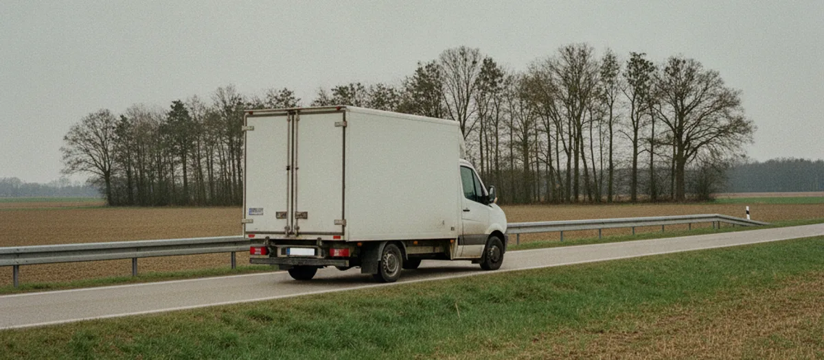 Beladener Möbelwagen auf einer Landstraße mit Leitplanke, dahinter Felder und eine Baumreihe