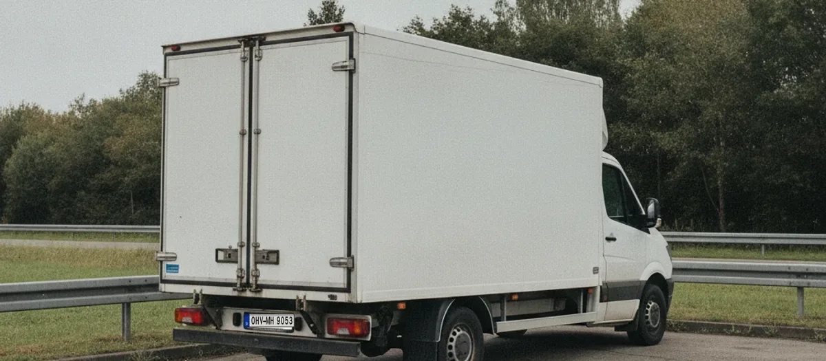 Möbelwagen mit geschlossenen Hecktüren auf einem Rastplatz an der Fernstraße