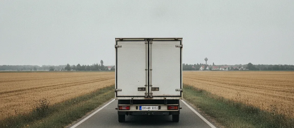 Möbelwagen auf einer Landstraße zwischen abgeernteten Feldern, am Horizont der Ortsrand der Kreisstadt
