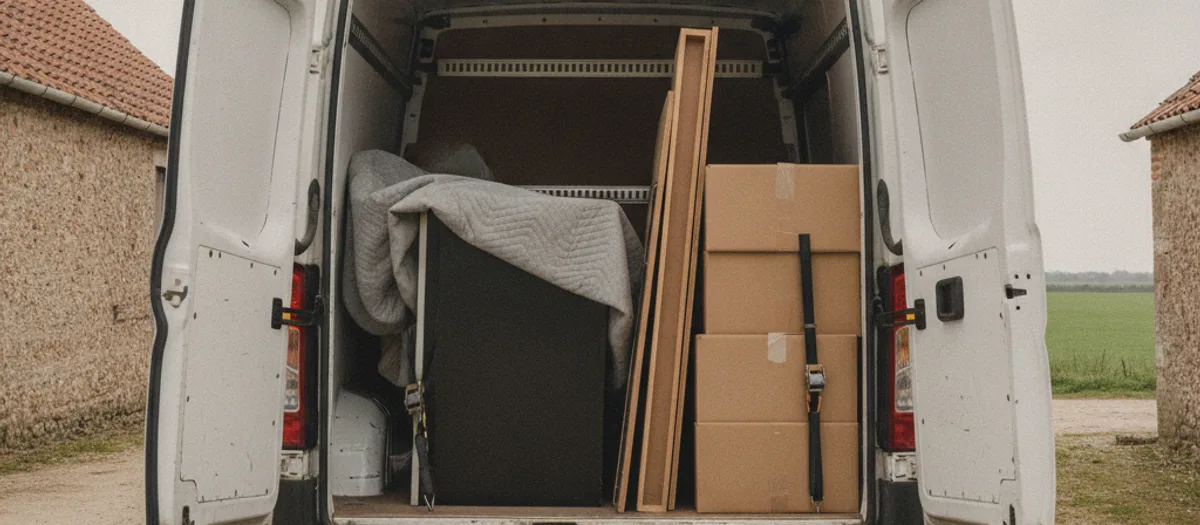 Blick in den Laderaum eines Transporters mit abgedecktem Schreibtisch, zerlegten Regalböden und verzurrten Umzugskartons