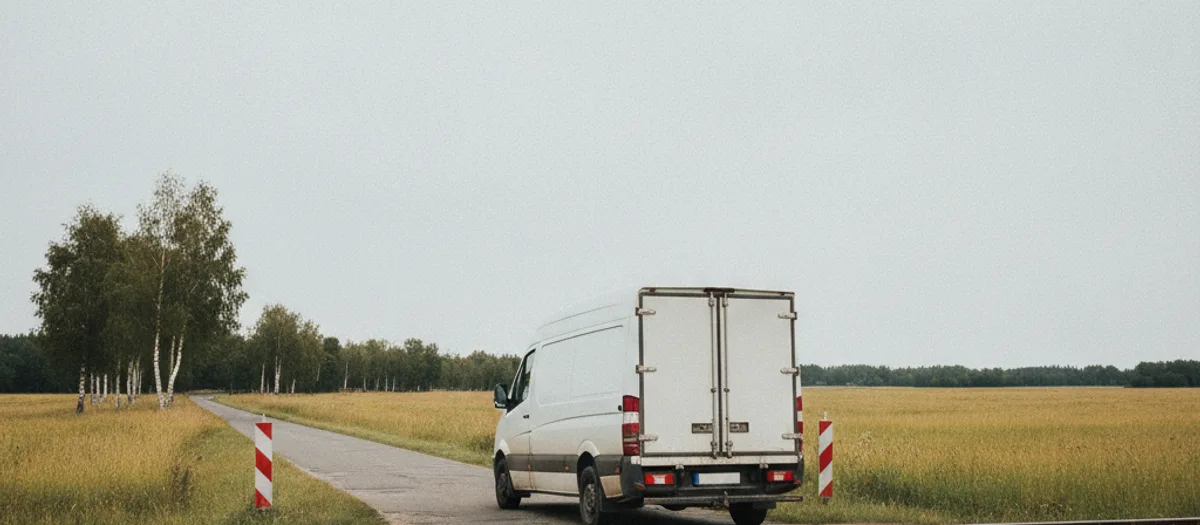 Möbelwagen auf einem schmalen Landweg unter weitem Himmel, am Rand rot-weiße Leitpfosten und eine Birkenreihe
