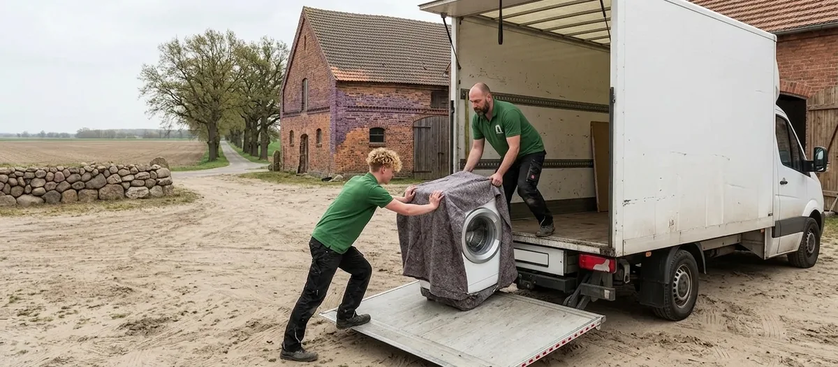 Zwei Umzugshelfer schieben eine abgedeckte Waschmaschine über die Rampe in einen offenen Transporter auf einem Hof.