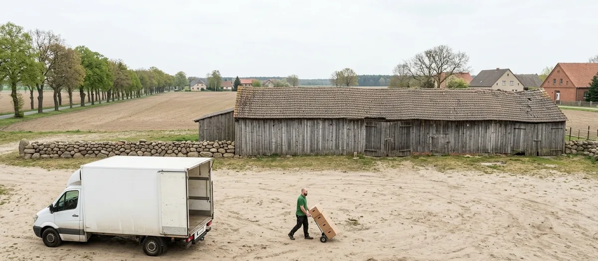 Möbelwagen auf einem Hof in Großmutz vor einer langen alten Holzscheune, ein Träger schiebt eine Sackkarre mit gestapelten Kisten über den festen Untergrund.