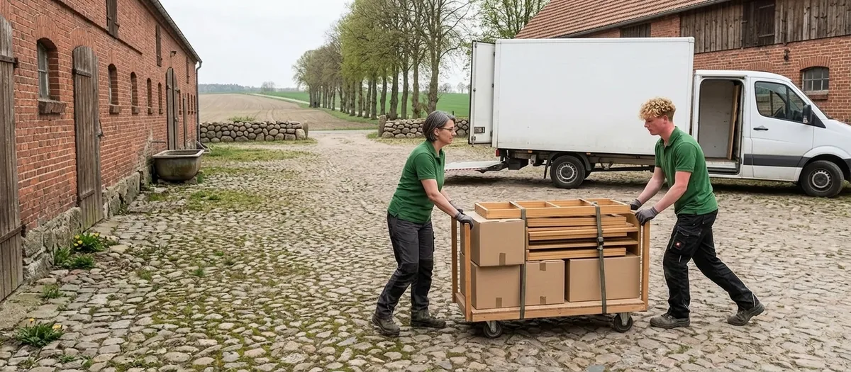 Zwei Träger schieben eine Rollbox mit Umzugskartons über einen gepflasterten Hof in Grüneberg, daneben steht ein geöffneter Möbelwagen.