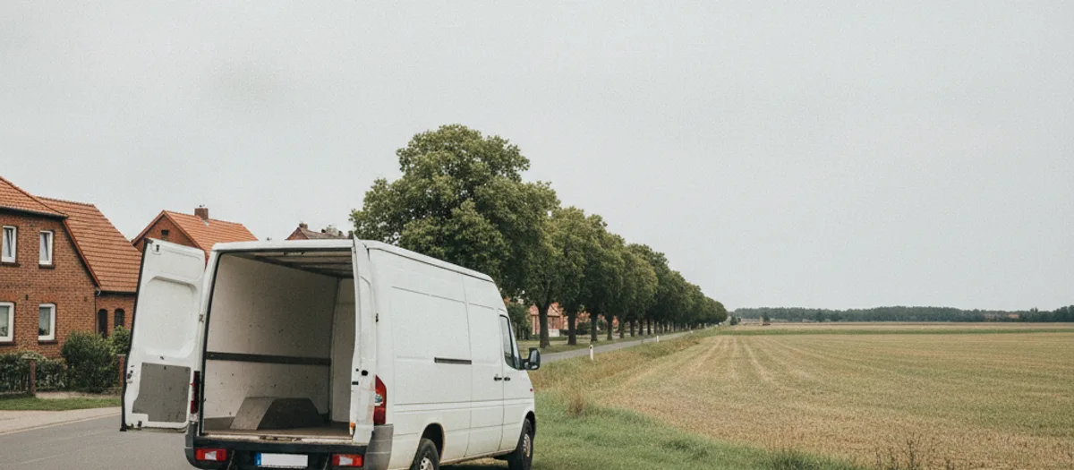 Transporter mit geöffneten Hecktüren am Ortsrand von Häsen, daneben eine Allee und ein abgeerntetes Feld.