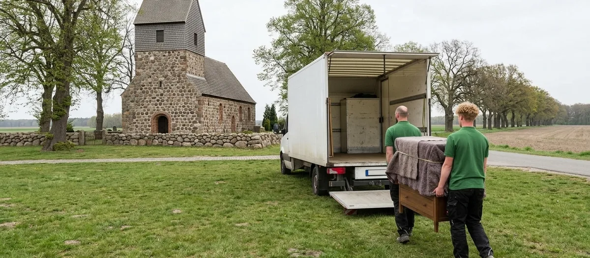 Möbelwagen auf einem Anger in Löwenberg, im Hintergrund eine Feldsteinkirche, zwei Träger tragen ein in Decken gewickeltes Möbelstück zur offenen Ladebühne.