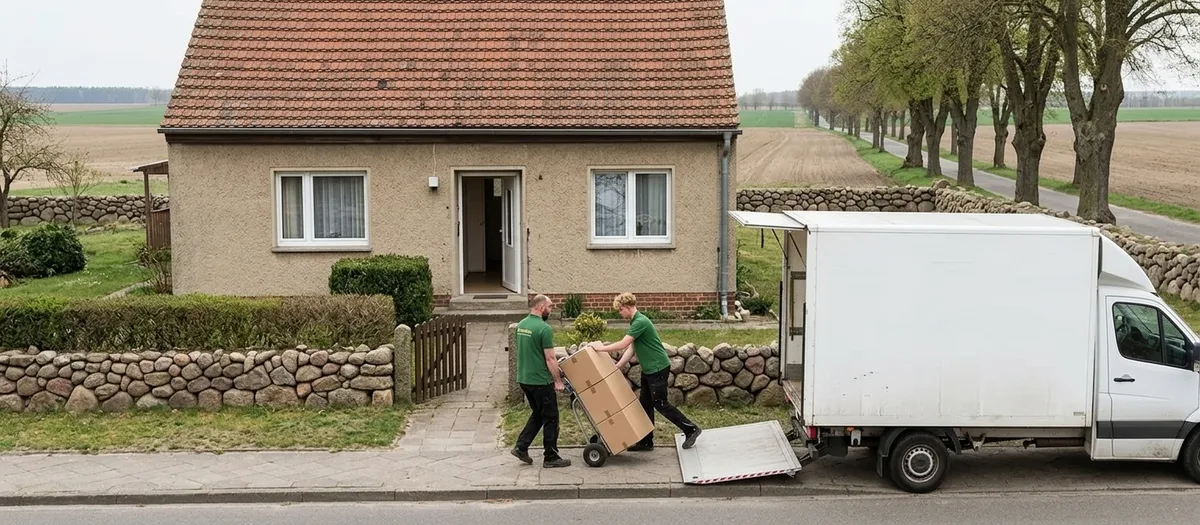 Möbelwagen mit abgesenkter Ladebühne vor einem Wohnhaus mit Vorgarten in Nassenheide, zwei Träger schieben eine Sackkarre mit Kartons zur Haustür.