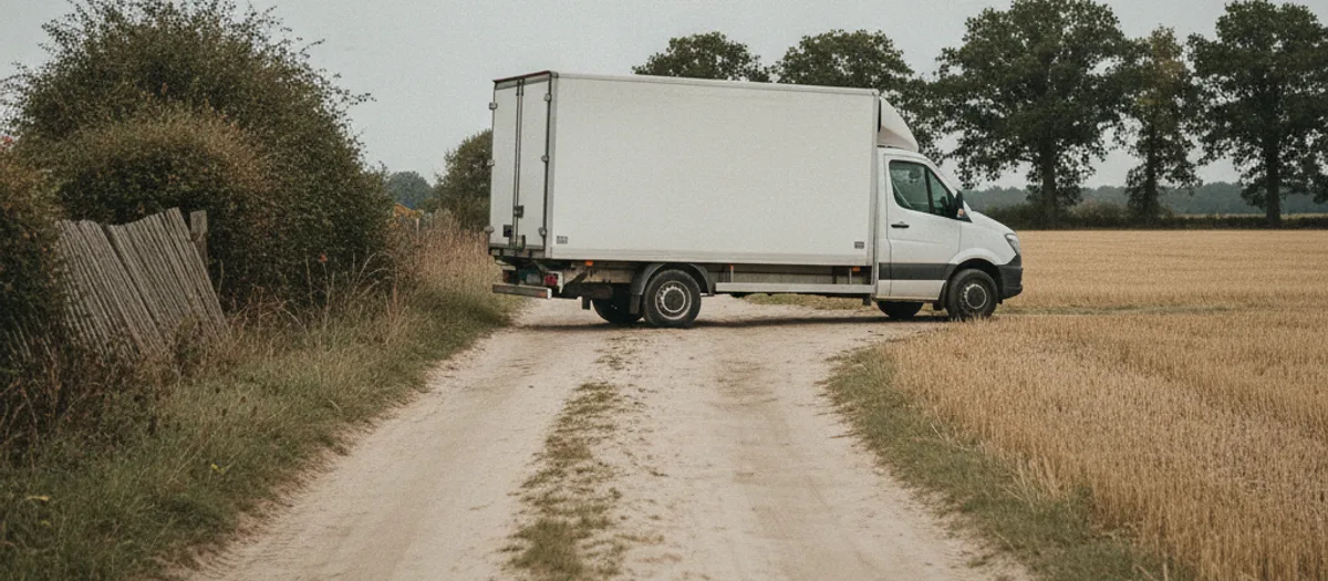 Unbefestigte Sandzufahrt zwischen Hecke und Stoppelfeld, auf dem Wendeplatz wartet ein Möbelwagen quer zum Weg